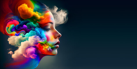 Woman with rainbow colored clouds, creativity explosion, positive thinking, self identidy and wave of imagination, generative AI - obrazy, fototapety, plakaty
