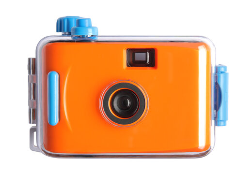 Fototapeta orange pocket camera or  film camera in waterproof case isolated on white background