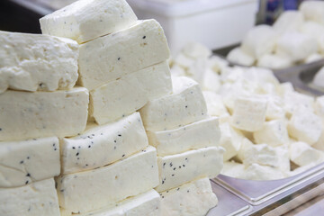 Traditional Turkey white cheese In Istanbul Market. Turkish traditional food. Health and natural food concept