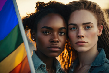 Stand for lgbt rights concept. Interracial couple of an african american and white females with lgbtq+ flag o pride month