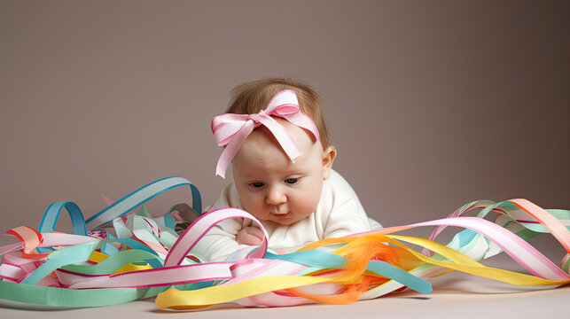 A baby with a ribbon, Easter egg, AI generated