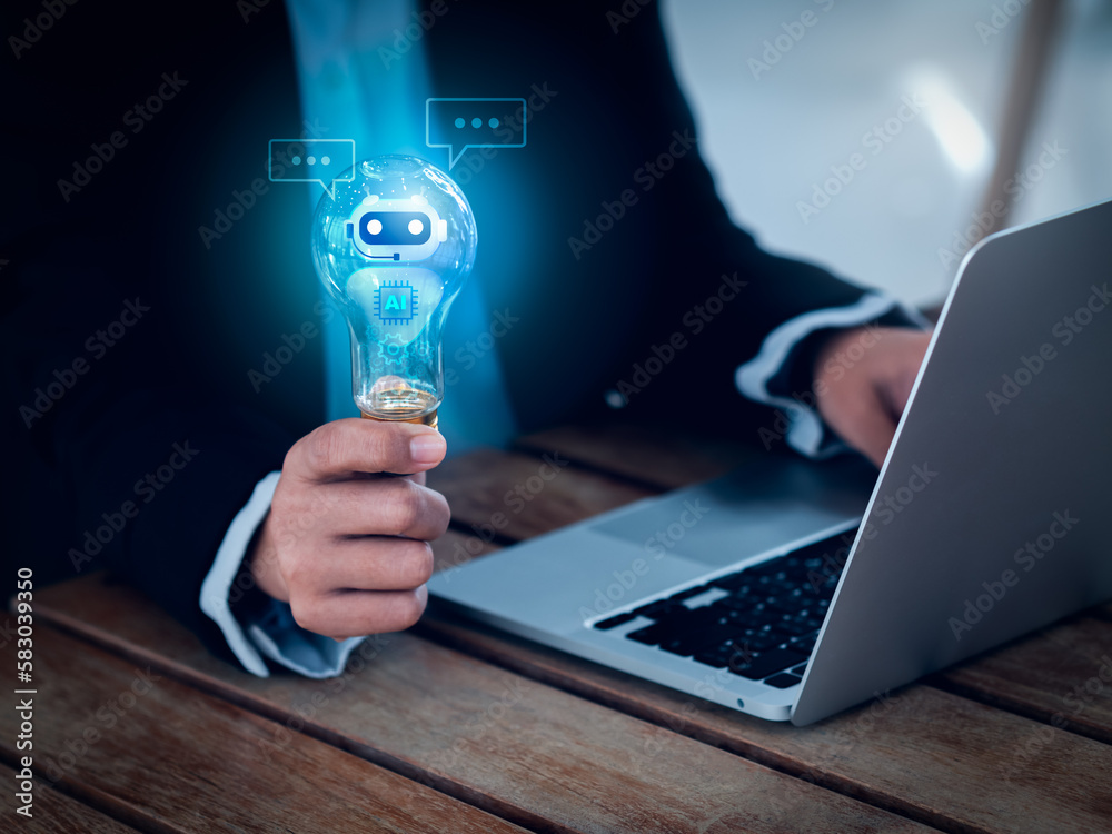 Aufkleber ai chat bot for creativity concept. hologram of digital smart robot assistant virtual in lightbulb w
