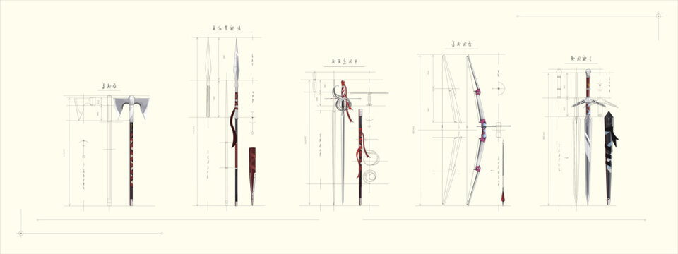 Vector image, examples of medieval weapons: axe, spear, rapier, bow, sword