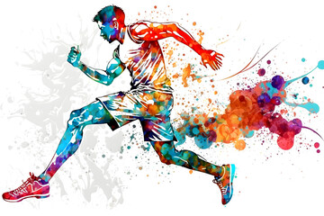 Fototapeta na wymiar Basketball watercolor splash player in action with a ball isolated on white background. Neural network AI generated art