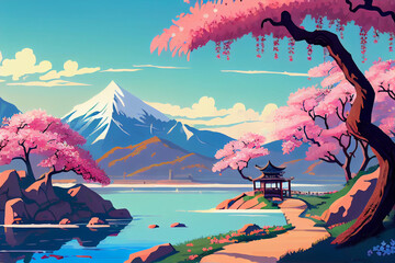 A typical beautiful Japanese landscape with cherry blossoms and blue sky, illustration