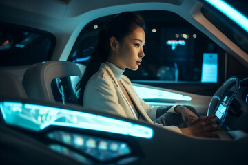 Generative ai asian woman sitting in self driving electric car