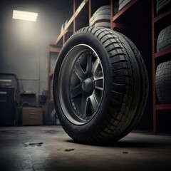 Fototapeta na wymiar Generative AI illustration of wheel with metal rim placed on floor near shelves in garage