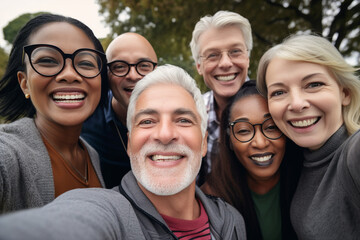 Generative ai middle age happy smiling group multiethnic taking selfie
