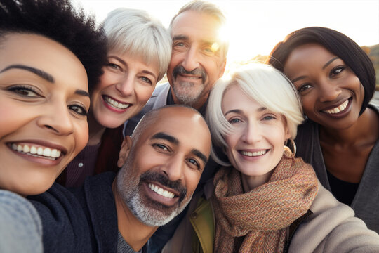 Generative ai middle age happy smiling group multiethnic taking selfie