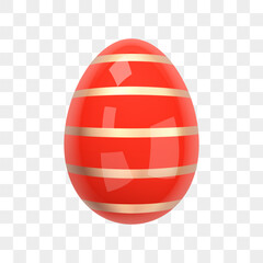 Red Shiny Easter Egg with Gold Stripes. Image of a glossy red-gold egg isolated on a transparent background. Realistic eggshell. 3d decoration for easter design. 3D vector illustration