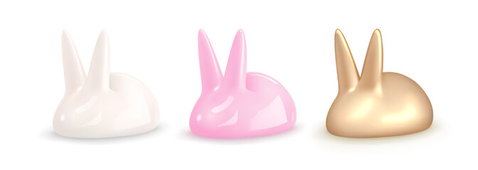 Set of adorable rabbits in white, pink and gold colors. 3D illustration of cute bunny figurines. Design element isolated on white. Suitable for Easter Sunday and Mid Autumn Festival. 3d vector