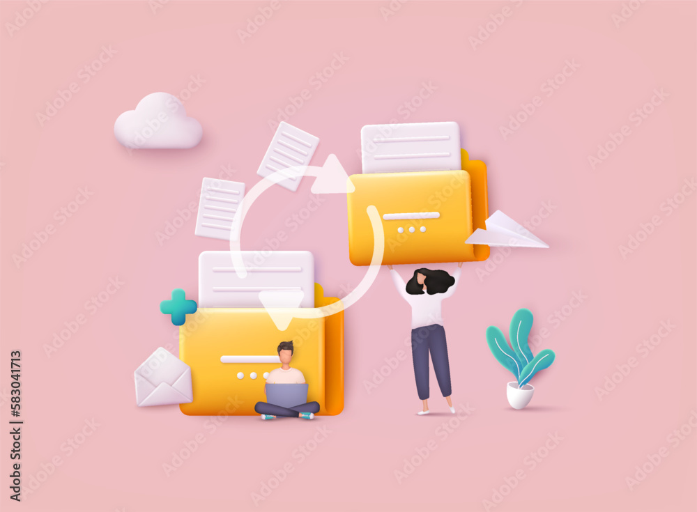 Poster transfer file of data between folder. transmission of document. backup of information on pc system. 
