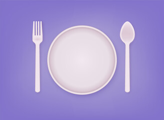 White dish plate with fork and knife icon. 3D Web Vector Illustrations.
