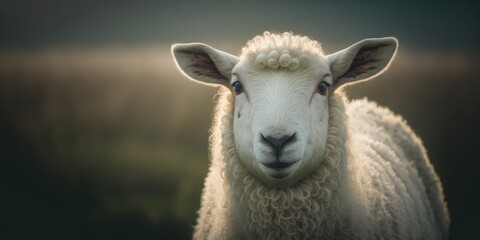 Obraz premium Generative AI illustration of realistic white sheep standing on blurred background and looking at camera
