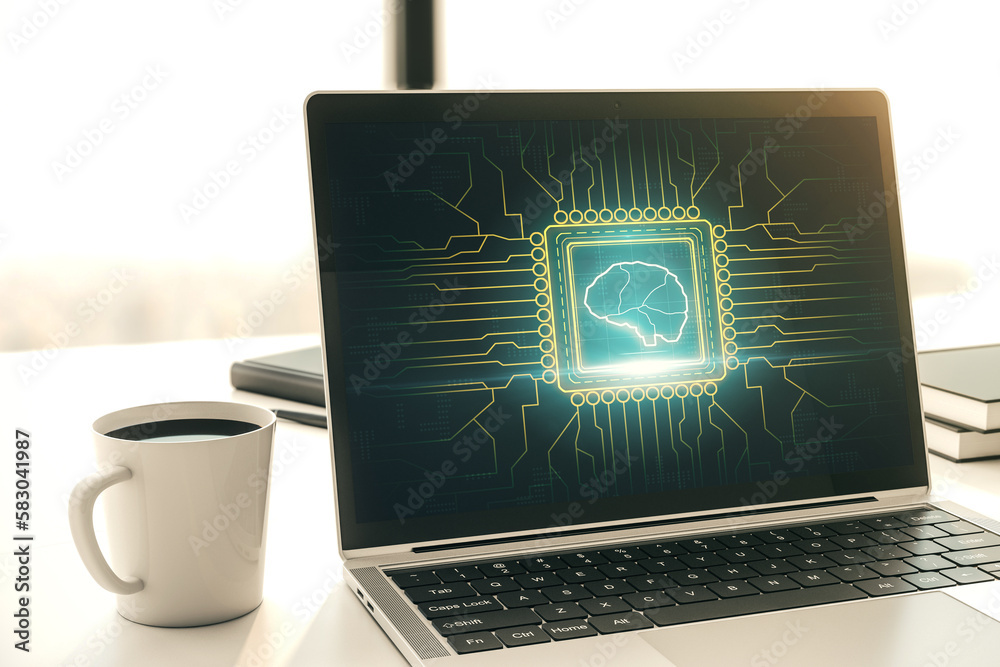 Aufkleber creative artificial intelligence concept with human brain sketch on modern laptop monitor. 3d render
