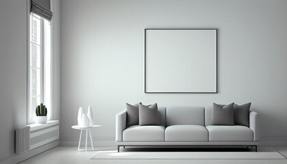 Blank white frame mockup on a wall for print, photo, painting, artwork presentation, display. Generative AI