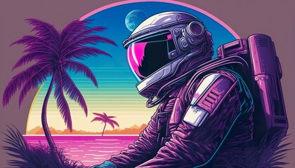 astronaut retrowave paradise . Creative illustration. (Ai Generate)