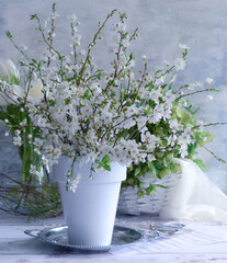 Still life arrangement with white blooming branches in a white vase