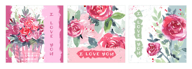 Viva magenta roses on postcards, templates, text frames. A set of postcards with roses, I love you. Romantic set of postcards with bouquets of red watercolor roses