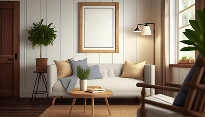 Blank white frame mockup on a wall in farmhouse living room interior 3d render for print, photo, painting, artwork presentation, display. Generative AI