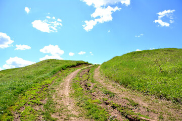 A dirt country road leads up a hill with a blue sky and white clouds in the background
