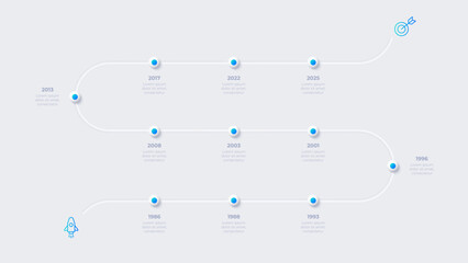 Neumorphism infographic timeline template with 11 steps or options