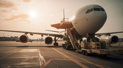 Fototapeta na wymiar A cargo plane unloading goods at the airport Generative AI 