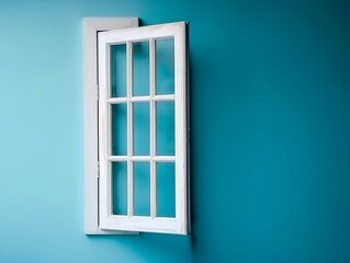 Isolated White Wooden Window Against Plain Blue Background