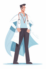 Doctor super-hero in a medical uniform, National doctors day celebration. Vector isolated cartoon style drawing.