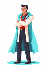 Doctor super-hero in a medical uniform, National doctors day celebration. Vector isolated cartoon style drawing.