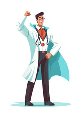 Doctor super-hero in a medical uniform, National doctors day celebration. Vector isolated cartoon style drawing.