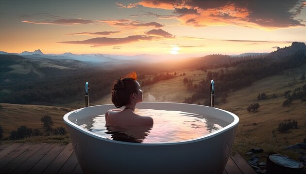 Young woman take bath outdoor at sunset, girl rear view to nude back take relax SPA procedure on nature fresh air at sunset, vacation rest and contemplating environment beauty, generative AI