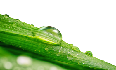 Beautiful natural dew drops or rain on fresh grass leaf isolated on  transparent background. Close-up macro detail.