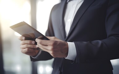 Businessman working on tablet at work in office. Focus on hand. Generative AI