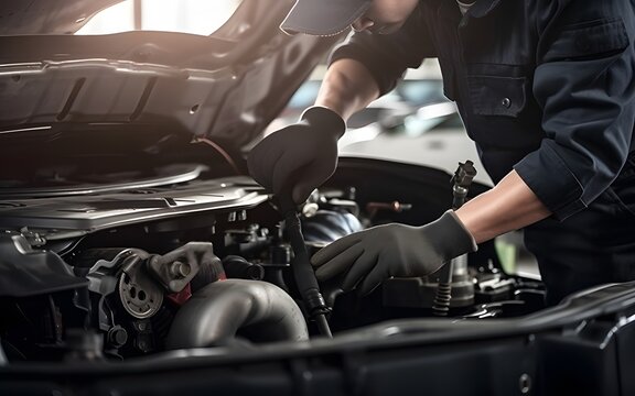 Auto mechanic working on car broken engine in mechanics service or garage. Transport maintenance wrench detial 