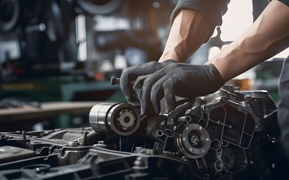 Auto mechanic working on car broken engine in mechanics service or garage. Transport maintenance wrench detial 