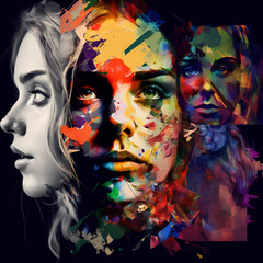 Collage of portraits of girls with their faces painted in bright colors