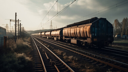 Fototapeta na wymiar A freight train with tank cars of hazardous chemical Generative AI 