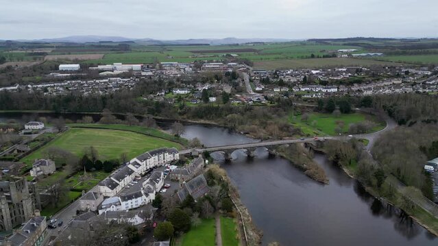 Wide generic aerial view of Kelso bridge in Scotland