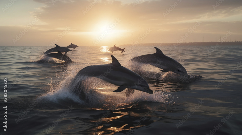 Sticker a group of dolphins jumping happily in the sea generative ai