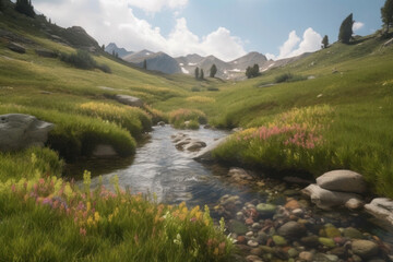 Naklejka na ściany i meble alpine landscape spring summer mountains streams rainbow nature sky generative ai