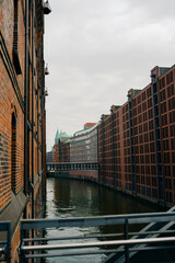 Warehouse District in Hamburg, Germany. Old buildings and bridges in Hamburg Speicherstadt