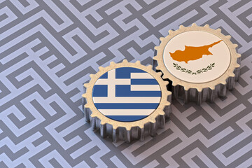 Greece and Cyprus Flags on a Gears. Isolated on Labyrinth Background