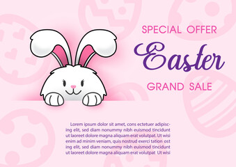 Cute bunny hide and seek with sale wording, example texts on abstract pattern and pink background. Happy Easter sale banner in vector design.