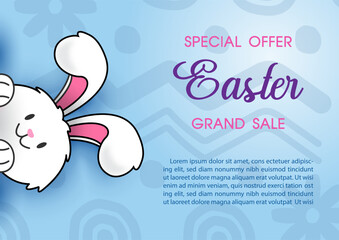 Cute bunny hide and seek with sale wording, example texts on abstract pattern and blue background. Happy Easter sale banner in vector design.