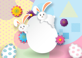 White and cute bunny on white banner in an egg shape with flowers on colorful abstract shape background. Easter day greeting card in paper cut style and vector design.