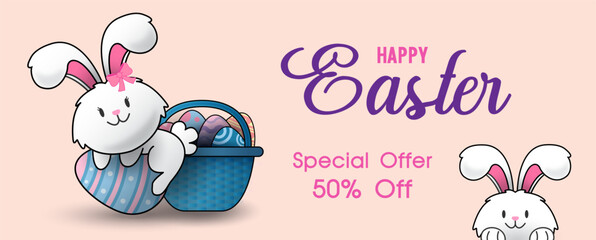 White and cute bunny on an Easter egg with basket and sale wording on light orange background. Happy Easter sale banner in vector design.