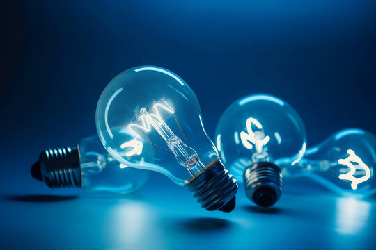 Illuminated lightbulbs on blue background (ai generative)