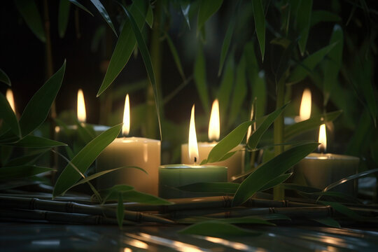candles in green bamboo foliage on water asia darkness background generative ai
