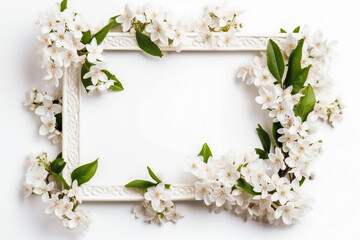 Beautiful white background with flowers and copy space. Empty space for text. Frame, backdrop. Summer, spring, blossom. Woman's or Mother's Day, Birthday. Generative AI.